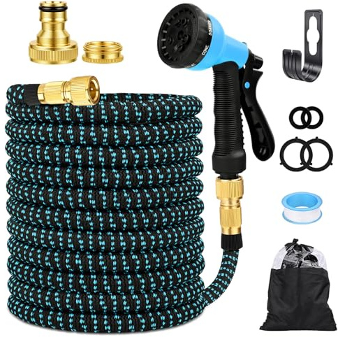 Manguera Extensible 30M/100FT, Manguera de Jardín Extensible Pistola de Riego con 8 Funciones Pistola Hose Con 3/4 y 1/2 Accesorios de aleación de zinc. el Riego de Plantas Hortícolas (Azul)