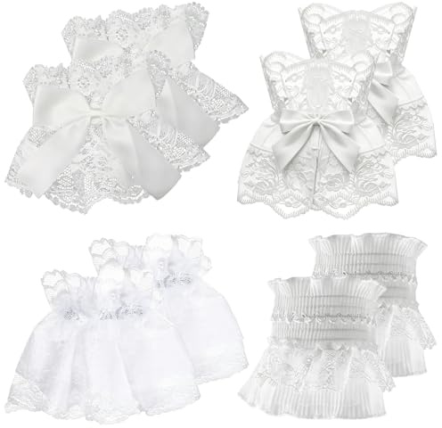 PYSEOSISE 4 Pares Puños de Encaje, Mangas Falsas de Encaje Blancas, Puños Falsos Puños de Muñeca con Volantes para Mujer en Carnaval y Fiesta de Disfraces