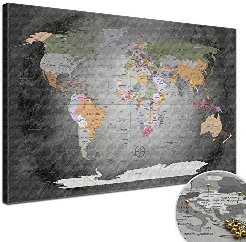 Stilvolle Pinnwand Weltkarte - Edelgrau - Deutsch in 120 x 80 cm, stabile Rückwand zum Pinnen inkl. Starterkit - Leinwand-Kunstdruck Wandbild Landkarte XXL