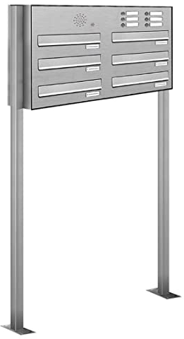 AL Briefkastensysteme 6er Edelstahl Durchwurfbriefkasten mit Klingel, Standbriefkasten modern, 6 Fach Briefkastenanlage V2A Edelstahl Postkasten