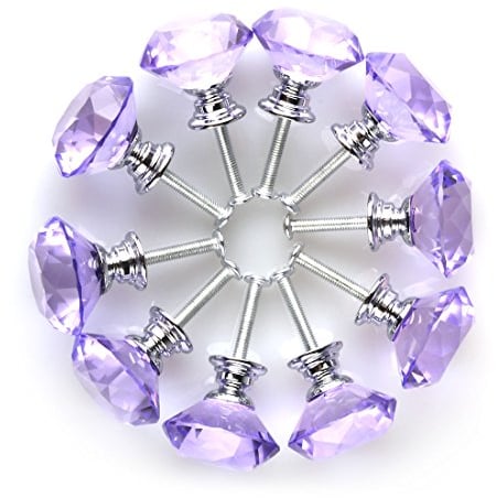 Sourcingmap Diamond Shape Crystal Glass 30mm Kitchen Cabinet Door Drawer Knob Cupboard Dresser Wardrobe Pull Handle with Screws, 10pcs Purple