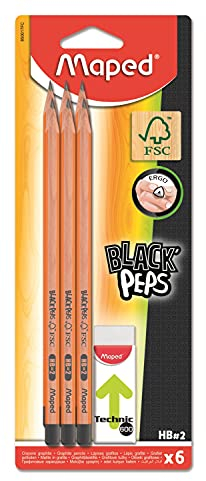 Maped - ergonomische Drei-Kant-Bleistifte BLACK'PEPS HB x6 aus FSC-zertifiziertem Holz + Radierer TECHNIC 600, andere, 1 stück (1 erPack)