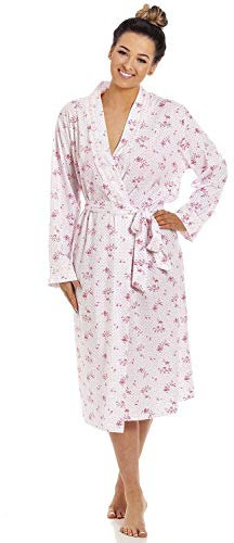 Camille Women's 100% Cotton Dressing Gown – Polka Dot & Floral Print Lightweight Ladies Robe with Tie Belt, Pockets & Breathable Fabric for Comfortable Loungewear Pink 18-20