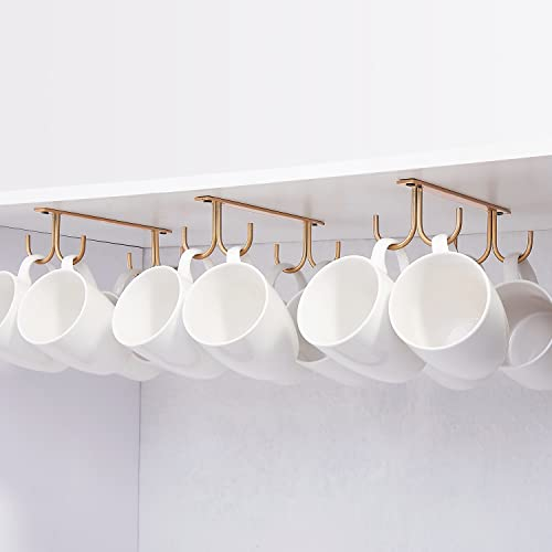 FOMANSH Mug Rack Under Cabinet - Coffee Cup Holder, 12 Mugs Hooks Under Shelf, Display Hanging Cups Drying Hook for Bar Kitchen Utensils Gold