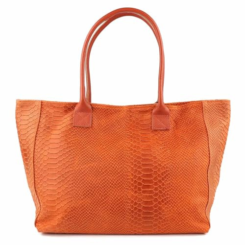ITALYSHOP24 Made in Italy DAMEN LEDER TASCHE DIN-A4 Schlange Prägung Shopper Tote Bag Henkeltasche Wildleder Handtasche Umhängetasche Ledertasche Schultertasche Beuteltasche Orange