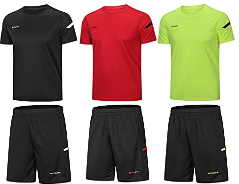 BUYJYA Herren-Trainingskleidung, athletische Shorts und Shirt-Set, 3er-Pack, für Basketball, Fußball, Training, Laufen, Fitnessstudio, Schwarz/Rot/Grün, Medium