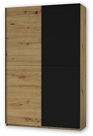 Stella Trading FAST Eleganter Kleiderschrank / Garderobenschrank mit viel Stauraum - Vielseitiger Schwebetürenschrank in Artisan Eiche Optik, Schwarz - 125 x 195 x 38 cm (B/H/T)