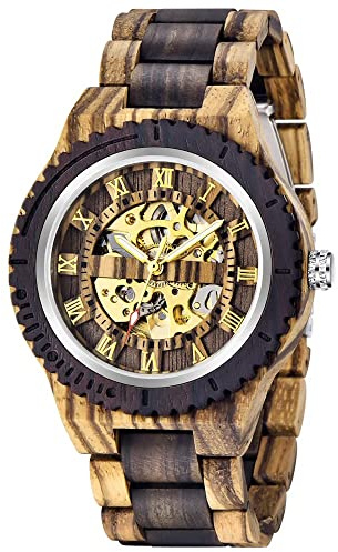 Tiong Herren Holz Mechanische Uhren Skelett Römische Ziffern Automatikaufzug Holzuhr Leichtgewicht für Männer Armbanduhr