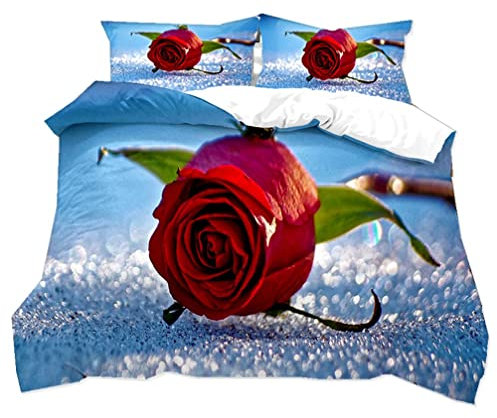 WENYA Duvet Cover Set 3D Rose Flowers Red Pink Gold Bedding Set for Kids Boy Teenager Polyester Zipper Closure (Color 2,Single)