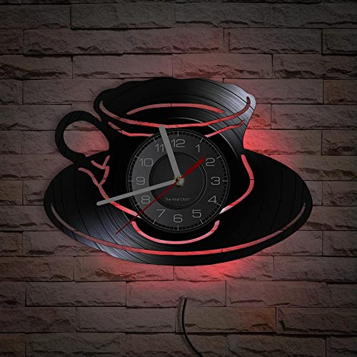 Smotly Vinyl Coffee Cup Wall Clock with LED Night Light - Seven Colors