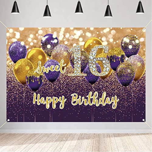 16. Geburtstag Deko Mädchen, Violett Stoff Schild Plakat, Happy 16 Birthday Hintergrund Banner Mädchen Geburtstagsfeier Deko