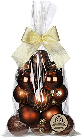 Weihnachtskugeln Kunststoff 6cm x 16 Stück Set mit Motiv Glitzer Christbaumkugeln (Braun Mix)