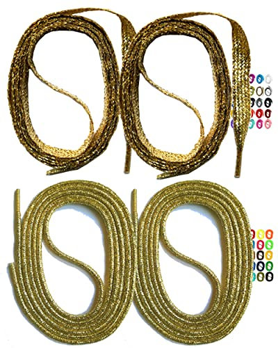SNORS 2 pares de cordones redondos y planos, 22 colores, 60 – 150 cm – Estables, lavables, resistentes a desgarros, cordones de poliéster para zapatillas deportivas y zapatillas de correr, dorado,