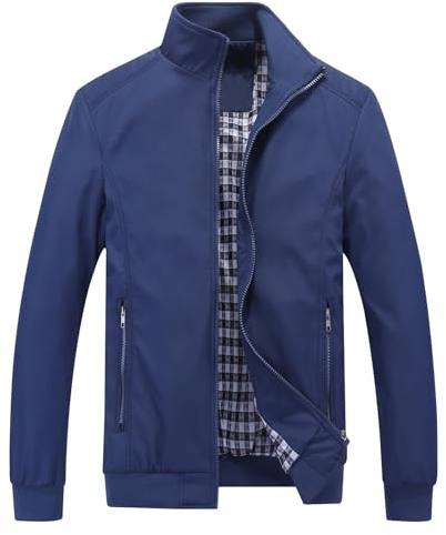 Blouson Homme Léger pour Printemps Été Zippée Veste d'Extérieur Casual Bomber de Couleur Uni Veste Coupe-Vent à Col Montant Jacket Homme de l'Aviateur Thin Classique Décontracté Casual(Bleu Foncé,L)