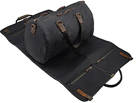 2 in 1 Canvas Leder Anzug Gepäck Kleidersack mit Schultergurt für Reisen und Geschäftsreisen, gewachst schwarz, American Casual