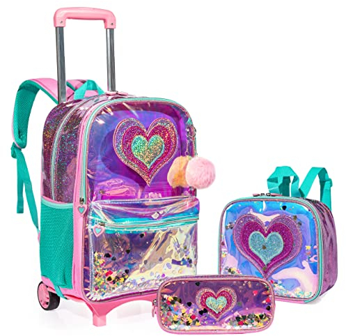 HTgroce Trolley Rucksack mit Rollen, Federmäppchen, Lunch Tasche 3 in 1 Rolling Schulranzen für Mädchen, Liebe Schultaschen-Sets Ideal für Kinder Schüler der Klassen 2-6