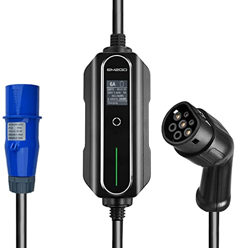 EM2GO “Take” Typ 2 Ladekabel Elektro-Auto 1,4kW, Ladestation mit 5 Meter Lade-Kabel Type 2 und CEE-Stecker, Mobile Wallbox inkl. OLED-Display, ideal für Camping-Platz (1,4 KW CEE)