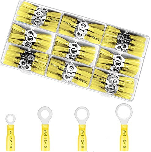 RUNCCI-YUN 120Stücke Schrumpfverbinder, 12v Kabelverbinder, Kfz Elektro Verbinder,Crimpverbinder Ring Kabelschuhe Kabelschuhe Ösen Ringklemme for 12-10 AWG (Gelb/4 Größen #10,1/4,5/16,3/8)
