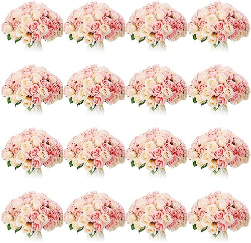 Jexine Künstliche Rosen, Blumenstrauß, Seide, realistische Blumen, Massenaufsätze, DIY, Braut, künstliche Rosen für Zuhause, Braut, Hochzeit, Party, Dekorationen (Rosa und Weiß), 240 Stück