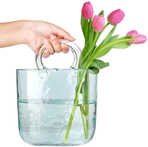 FNG8 Vaso Fiori a forma di Borsa - Vaso Borsa Vetro Soffiato Artigianale Azzurro - Fiori, Frutta, Potpourri, Pesci, Caramelle - Borsa di Cristallo con Effetto Bolle - Decorazione Moderna per la Casa