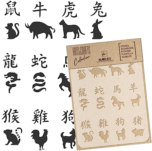 NAKLEO Malschablone für Handwerk A4 21x30cm, Chinesisches Tierkreiszeichen Zeichen Muster, Wiederverwendbare Kunststoff DIY & Scrapbooking Zeichenschablone, Decoupage Kunst Vorlage, Stoff Möbel Holz