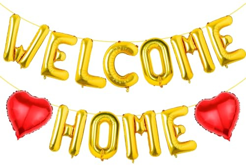 FeteDecor Welcome Home Banner - Baby Decorations Letter Banner Gold Foil Heart Foil Balloons