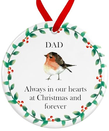 Robin Wreath Ornament | Ceramic Remembrance Bauble | Always In Our Hearts Forever Memorial Christmas Tree Decoration (Dad)