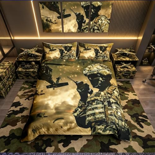 American Soldier Bettbezug Jungen Teenager Under Mission Bettwäsche-Set Hubschrauber Tröster Bezug für Jungen Mädchen Kinder Camouflage Militär Bettbezug Einzelgröße 2-teilig