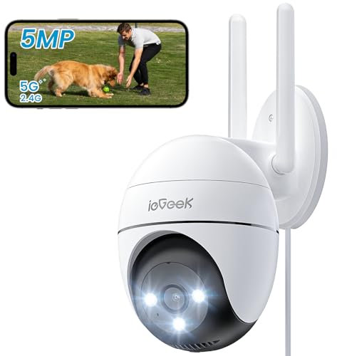 ieGeek 5MP Telecamera Wi-Fi Esterno con WiFi 2,4/5 GHz, 360°PTZ Videocamera Sorveglianza WiFi Visione Notturna a Colori 15m,Rilevamento Umano PIR e Allarme Sonoro e Luminoso