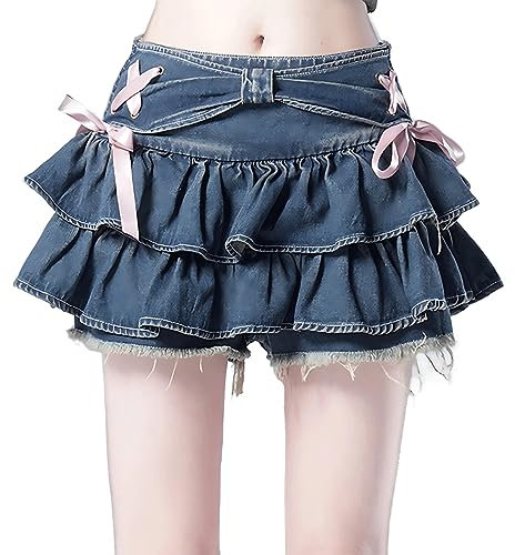 RILGOU Harajuku Y2K Jupe courte en denim pastel style gothique Kawaii taille élastique vintage ruban rose bordure à volants, bleu, Taille S