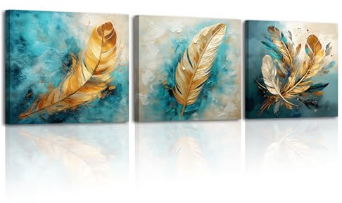 Piy Painting Feder Leinwandbilder, Ölgemälde von Goldene Federn Bilddruck auf Leinwand, Leinwanddrucke Romantischer, Wandbilder, Wohnzimmer Wand Dekoration Foto als Geburtstagsgeschenk 30x30cm 3tlg