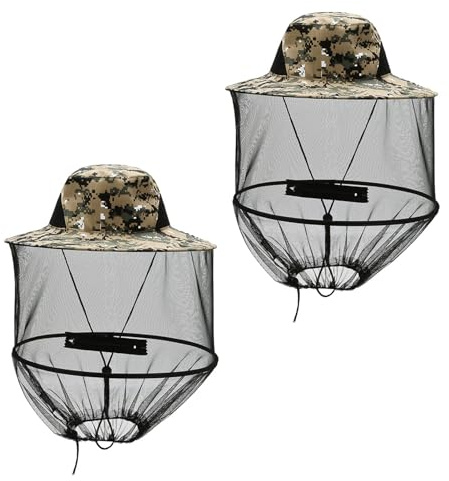 INNAL 2 Pcs Foldable Mosquito Hats with Net for Outdoor Hiking | Wide Brim Midge Hat for Men Women - Grey Camouflage - Beekeeper, Fishing, Hiking, Camping