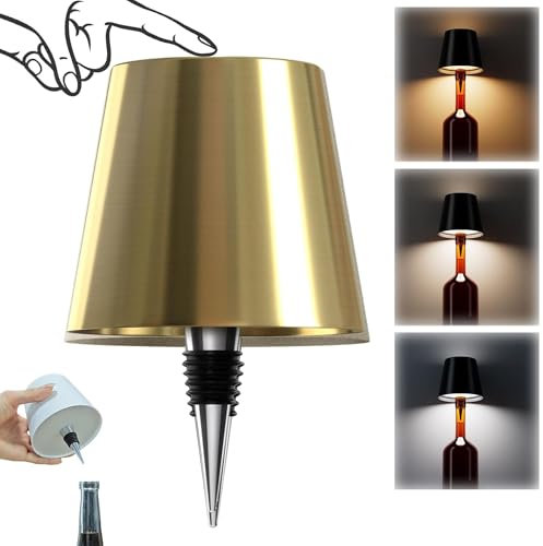 Wireless Bottle Lamp, 3 Color Stepless Dimming Wine Bottle Lamp, LED Rechargeable Touch Control Wireless Bottle Lampshade for Bedroom, Restaurant, Bar (Galvanized Gold, 1-Pack)