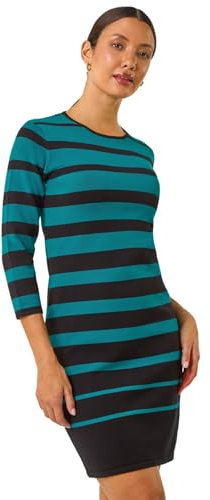 Roman Originals Knitted Jumper Dress for Women UK - Ladies Colour Block Winter Autumn Smart Casual Office Bodycon Workwear Everyday Long Sleeve Knee Length Knit Pocket - Teal & Black - Size 10