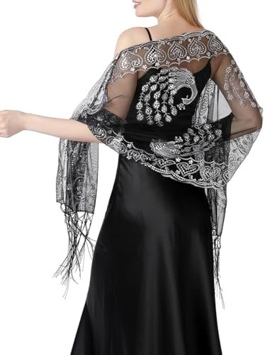 THE ART BOX 1920 inspirierter funkelnder Metallic-Schal und Wickel für Damen, glitzernder Netz-Pailletten-Umhang mit Fransenkanten für Abendkleider und Hochzeitsfeiern