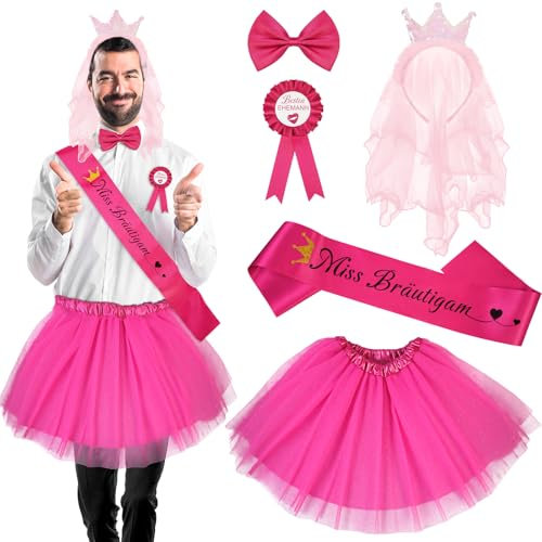 Jokureao 5 Stück Junggesellenabschied Kostüm Set, JGA Männer Verkleidung Mit Anstecker, Stirnband, Flauschigem Rock, Fliege, für Männer Hochzeit Deko Män Party