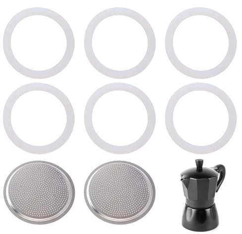 8 Pcs Moka Pot Replacement Gasket Set (2 Stainless Filter and 6 Seal Silicone Gaskets), Food-Grade Rubber Ring, Moka Pot Accessories for Stovetop/Espresso Machine/Bialetti Coffee Maker