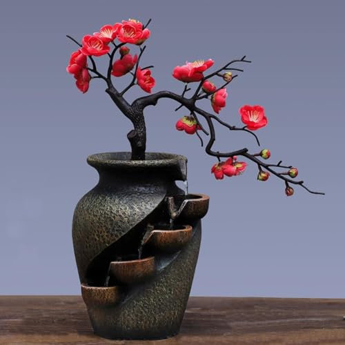 Cascada con Florero Feng Shui, Sobremesa Florero Fuente De Agua, Flor Ornamento Florero Decorativo Bonsai con Flujo De Agua Y Ramo Artificial para Decoración De Sobremesa