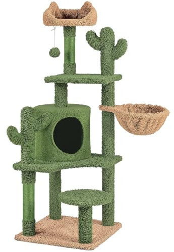 Soberine Albero per Gatti Cactus Alto 135 cm Tiragraffi Alto a Più Livelli con Trespolo Grotta Cesto Pompon Sospesi Gioco Giocattolo per Gatti Verde e Marrone