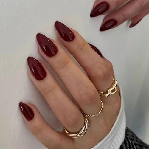 Wine Red False Nails - 30pcs Almond Press On Nails - 12 Sizes Glossy Fake Nails - Solid Color French Tip Fake Nails - Full Cover Acrylic Nails for Women DIY Manicure Decoration