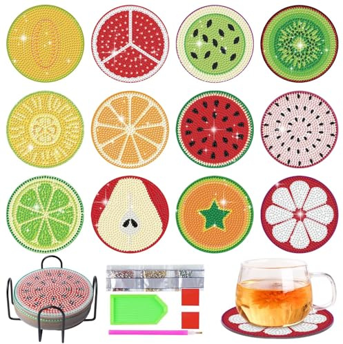 12 posavasos de pintura de diamantes, pintura de diamantes para adultos con soporte, posavasos de cristal para pintura, posavasos redondos para bebidas, posavasos de cristal reutilizables para adultos