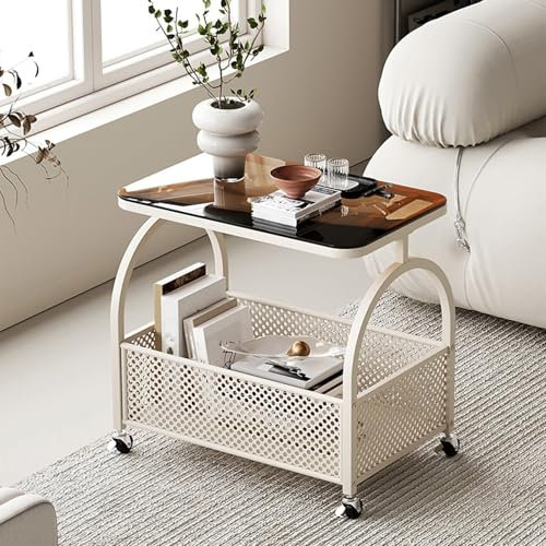 Moderna mesa de centro de cristal con ruedas y estante de almacenamiento, color blanco