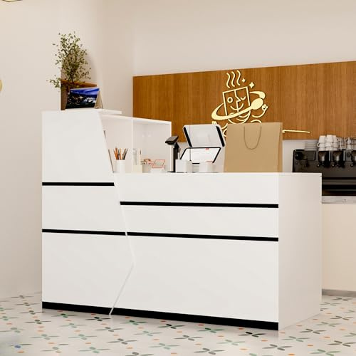 Caldion L-Form Rezeptionstheke,Empfangstisch mit abschließbarer Schublade,Rezeptionstheke,Rezeptionstresen für Büro Restaurant Cafe Geschäft,Weiß und Schwarz,140x60x110cm
