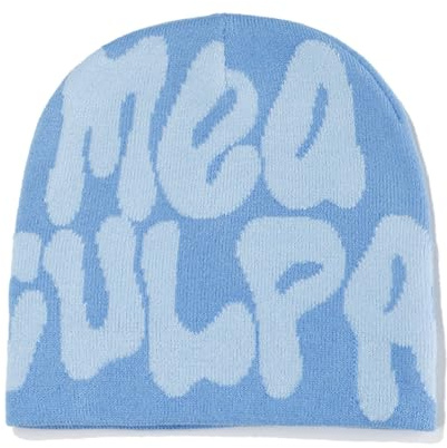 jiingekk Y2K Beanies MEA Culpa Beanies Dupes Strickmütze Buchstabendruck Slouchy Skullies Schädelkappe MEA Culpa Dupes, blau, Einheitsgröße