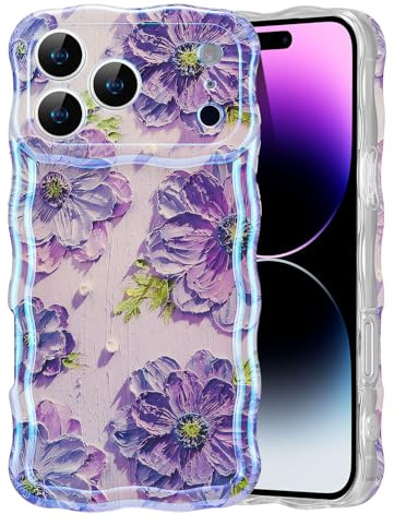 EYZUTAK für iPhone 17 Pro Max Hülle, Bunte Retro Ölgemälde Blumen, Violett | Glitzer Flower Muster Handyhülle, Niedliche Lockiges Wellenförmiger Rand, Langlebige TPU Schutzhülle, Für Mädchen Frauen