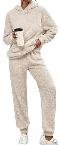 Celanisai Tuta da donna morbida e di grandi dimensioni, pigiama invernale in pile, per il tempo libero, 2 pezzi, con cappuccio e pantaloni lounge, morbido e confortevole, O beige., L