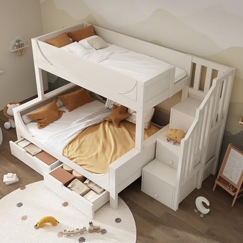 RIAZOS Bunk Bed for Kids, Staircase Bunk with Drawers and Storage, Children's Bed with Storage Unit, Double Bunk Bed for Family with Multiple Children, (90+135) x 190 cm, Solid Wood, White