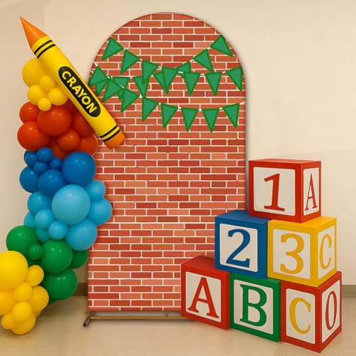 VitalCozy 7.2ft Sesame Arch Backdrop Cover Red Brick Photography Backdrops with Colorful Flags Spandex Fitted Arch Stand Covers for Sesame Theme Party Kid Birthday Supplies
