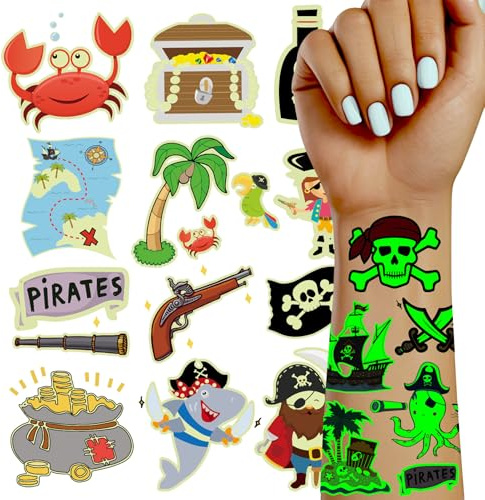 TatoYard Piraten Tattoo Kinder, 38 Stück Leuchtend Kindertattoos Aufkleber für Piraten Deko Kindergeburtstag, Piraten Kindergeburtstag Gastgeschenke Geschenk Junge ab 5 6 7 8 9 Jahre
