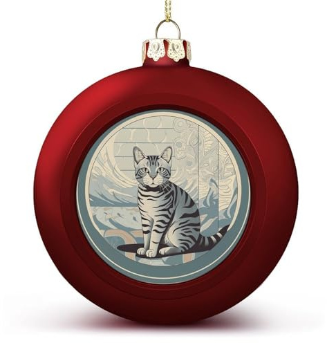 Gray Tabby Cat Christmas Ball Ornaments - Red 3 Inch Xmas Tree Baubles for Holiday Wedding Party Decor, Hanging Decorations for Home Fireplace